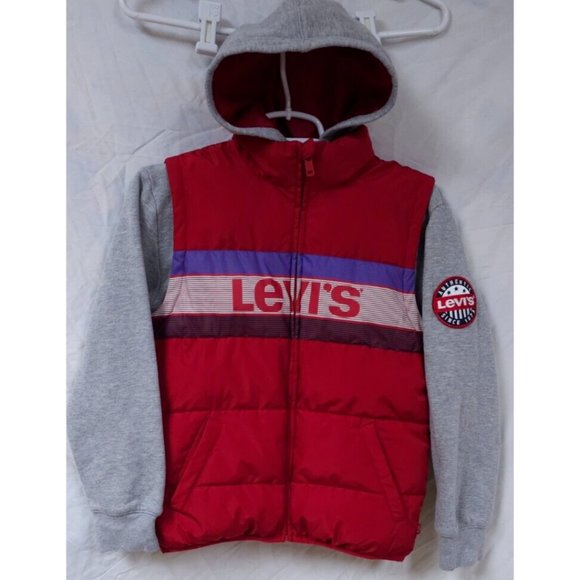 Levi's Boys Medium 10-12 Red Grey Hooded Full Zip Spellout 2fer Puffer Jacket - Picture 1 of 14